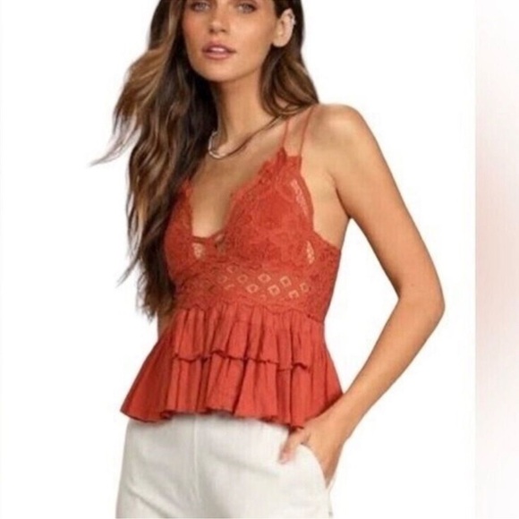 Free People ADELLA Winding Roads Rust Color Ruffle & Lace Camisole - Picture 3 of 11